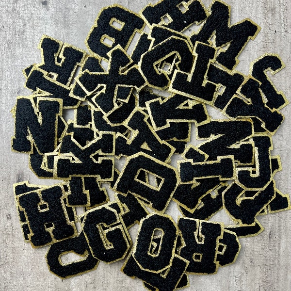 Iron On Letters Black & Gold Glitter Letters for Sweatshirt Initials Monogram Patches 2.4 Inch Iron On decal Backpack Jean Jacket