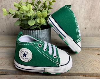 Baby High Top Sneakers Like Converse! Baby’s 1st shoes sneakers/ Crib Shoes| shower Gift /New Baby Gift /Baby Dark Green Star|Support Uvalde