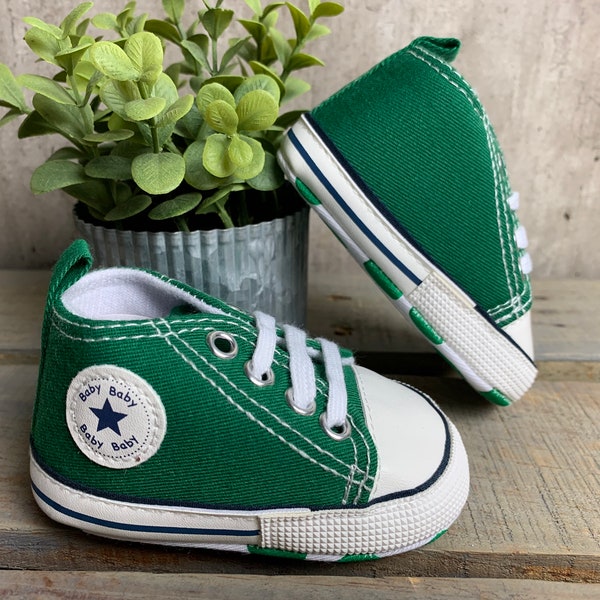 Baby High Top Sneakers Like Converse! Baby’s 1st shoes sneakers/ Crib Shoes| shower Gift /New Baby Gift /Baby Dark Green Star|Support Uvalde