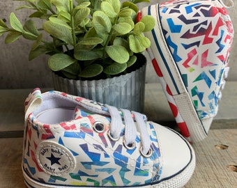 Baby High Top Sneakers, Like Converse! Baby’s 1st shoes sneakers/Crib Shoes / Baby shower Gift New Baby Gift Star shoes White Multi Colored
