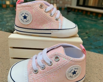 Baby Shoes High Top Sneakers Like Converse Baby’s 1st shoes sneakers Crib Shoes Baby shower Gift New Baby Gift Pink Glitter Bling Star shoes