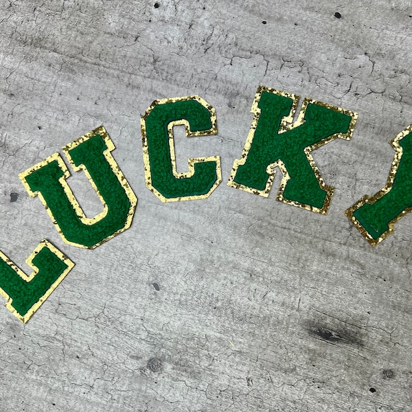 Iron On Letters Green & Gold Glitter Letters for Sweatshirt Initials Monogram Patches LUCKY 2.4 Inch Iron On Crafts Backpack Jean Jacket