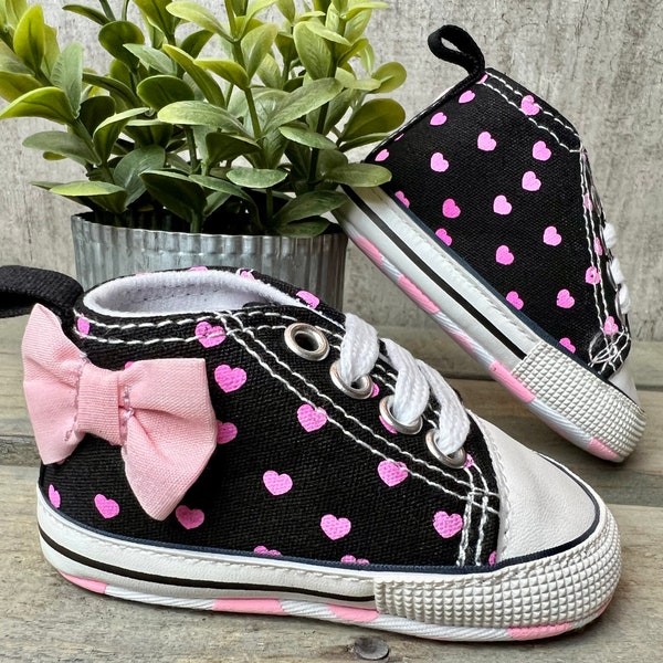 Baby High Top Sneakers, Like Converse! Baby’s 1st shoes sneakers/Crib Shoes Baby shower Gift New Baby Gift / Black with Pink Hearts and Bow