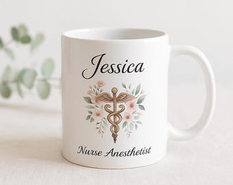Taza personalizada para anestesistas: Caduceo floral, regalo personalizado para anestesistas