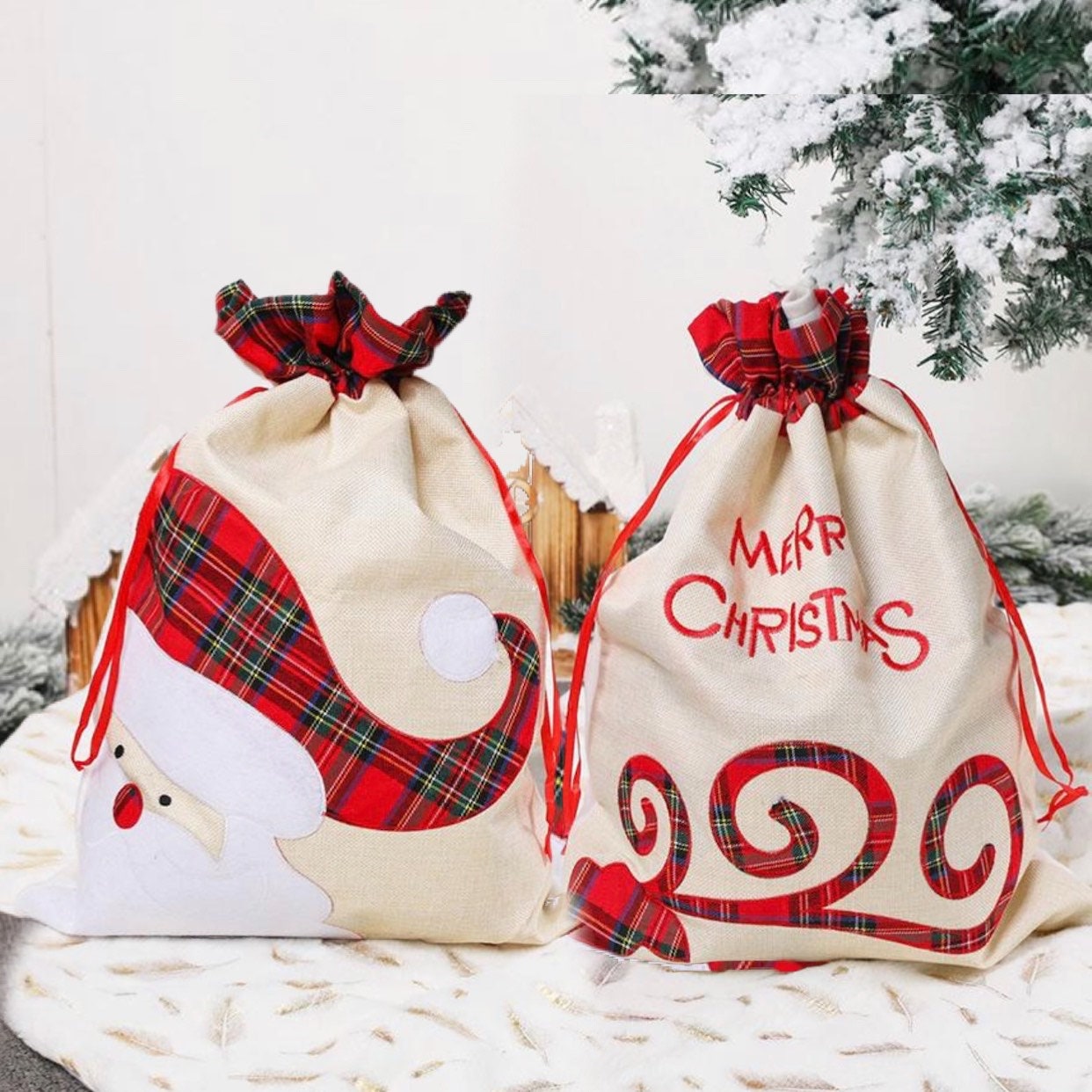 24pcs Christmas Cotton Burlap Gift Bags with Jute Drawstring Party Favour Pattern Linen Sacks Pouch 10×14cm BUONDAC 