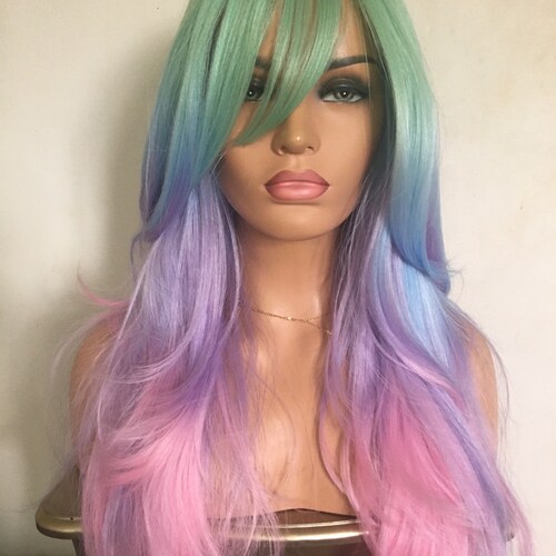 Pink Cosplay Wig With Bangs Long Ombre Synthetic Straight Hair Etsy