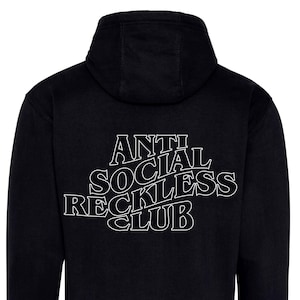 May include: Black hooded sweatshirt with a white outline of the text "ANTI SOCIAL SOCIAL CLUB" on the back.
