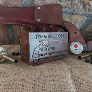 1858 Remington Paper Cartridge Box. Holds 24 .44 caliber paper cartridges. 3D printed wood ammo box