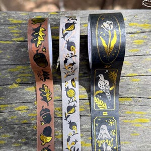 K&ouml;nnte beinhalten: Drei dekorative Washi-Tape-Rollen mit Naturmotiven. Eine Rolle zeigt Eicheln und Eichenbl&auml;tter auf braunem Hintergrund. Eine andere hat Granatapfel- und Blumenmuster auf wei&szlig;em Hintergrund. Die dritte Rolle zeigt einen Vogel und einen Pilz auf schwarzem Hintergrund.