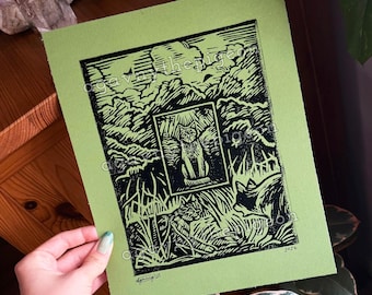 Warrior Cats Linocut Print Hand Stamped Art Print 8 x 10