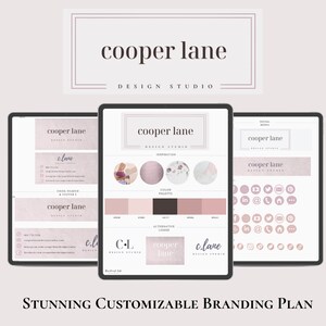 May include: A branding plan template for a design studio called "cooper lane". The template includes a color palette, logo variations, social media icons, and a sample email header and footer.