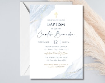 Watercolor Baptism Invitation: Blue Christening Template (Digital Download)