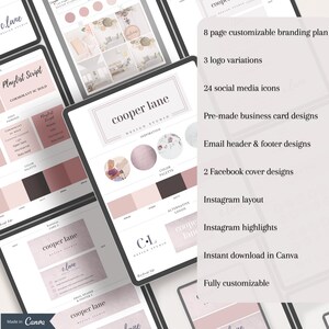 May include: A digital branding kit for the business "cooper lane design studio". The kit includes a color palette, logo variations, social media icons, business card designs, email header and footer designs, Facebook cover designs, Instagram layout, and Instagram highlights. The kit is fully customizable and can be downloaded instantly in Canva.