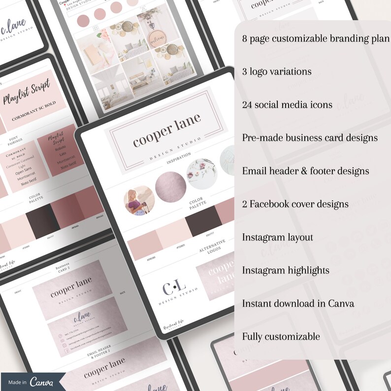 May include: A digital branding kit for the business "cooper lane design studio". The kit includes a color palette, logo variations, social media icons, business card designs, email header and footer designs, Facebook cover designs, Instagram layout, and Instagram highlights. The kit is fully customizable and can be downloaded instantly in Canva.
