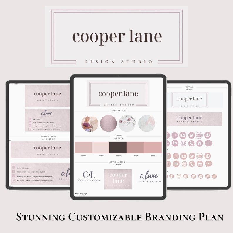May include: A branding plan template for a design studio called "cooper lane". The template includes a color palette, logo variations, social media icons, and a sample email header and footer.