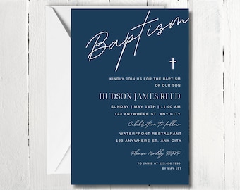 Blue Baptism Invitation Template, Printable Christening Invite (Canva)