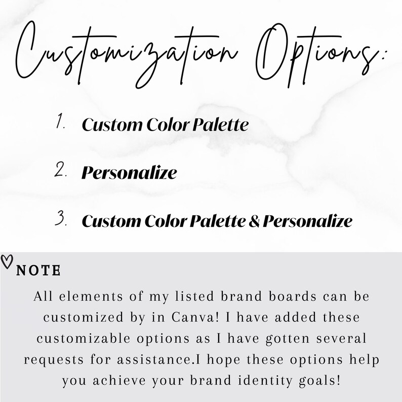May include: A white background with black text listing customization options for brand boards. The options include: Custom Color Palette, Personalize, and Custom Color Palette & Personalize. A note at the bottom explains that all elements of the listed brand boards can be customized in Canva.