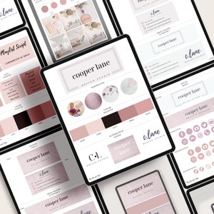 May include: A branding guide for a design studio called "cooper lane". The guide includes a color palette, logo options, and social media icons. The color palette is based on shades of pink and brown.