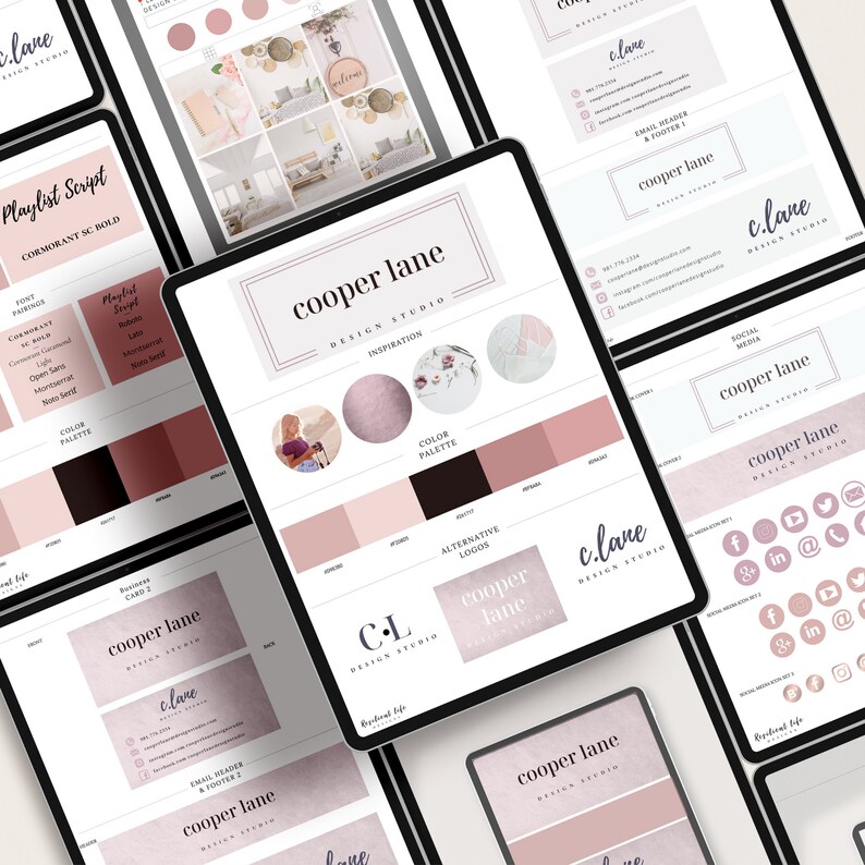 May include: A branding guide for a design studio called "cooper lane". The guide includes a color palette, logo options, and social media icons. The color palette is based on shades of pink and brown.