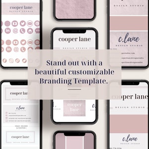 May include: A branding template for a design studio called "cooper lane". The template features a pink and white color scheme with a modern and minimalist design. The text "Stand out with a beautiful customizable Branding Template." is displayed in the center of the image.