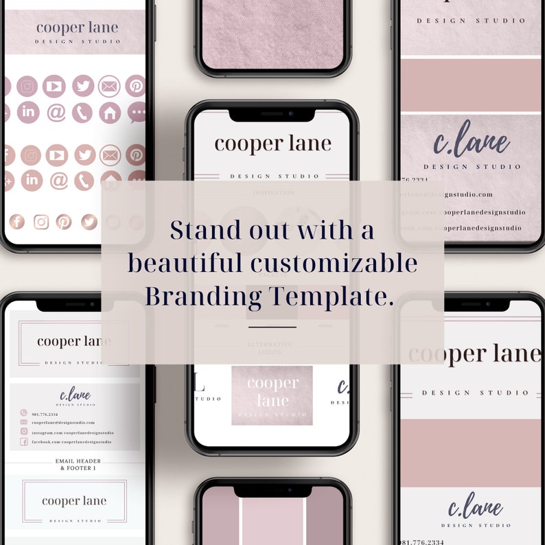 May include: A branding template for a design studio called "cooper lane". The template features a pink and white color scheme with a modern and minimalist design. The text "Stand out with a beautiful customizable Branding Template." is displayed in the center of the image.