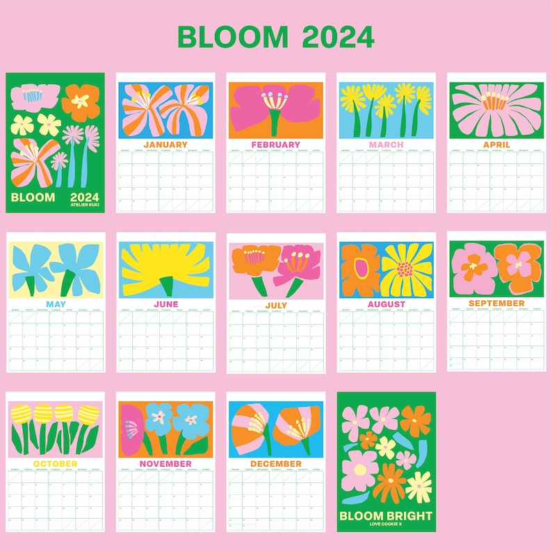 Calendrier 2024 Calendrier mural 12 mois Calendrier A4 Calendrier floral abstrait Agenda coloré image 10