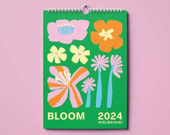 Kalender 2024 | 12 maanden muurhangende kalender | A4 Kalender | Abstracte bloemenkalender | Kleurrijke planner