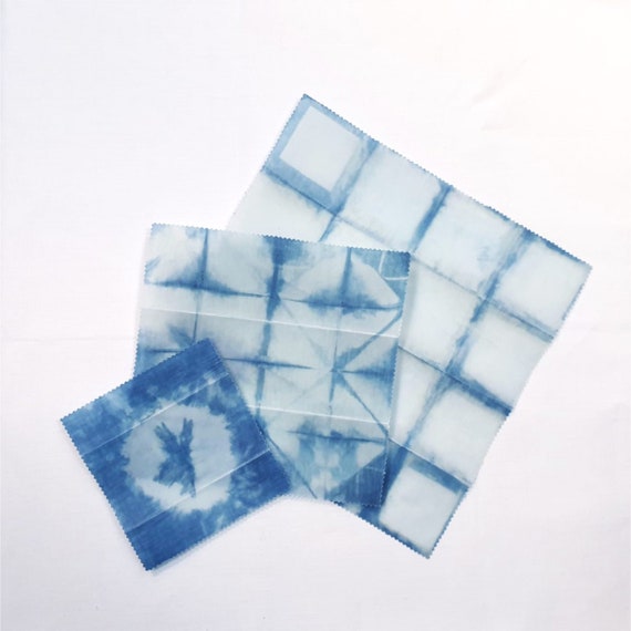 Beeswax food wraps x 3 shibori natural dye organic hemp handmade biodegradable compostable eco plastic free large medium & small triple pack