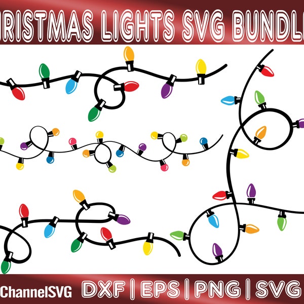 Christmas Lights Bundle 4 SVG, Christmas Lights Svg, Christmas Lights String Strand Cord Bulb Colors Tangled, PNG, Glowforge, Cut Files