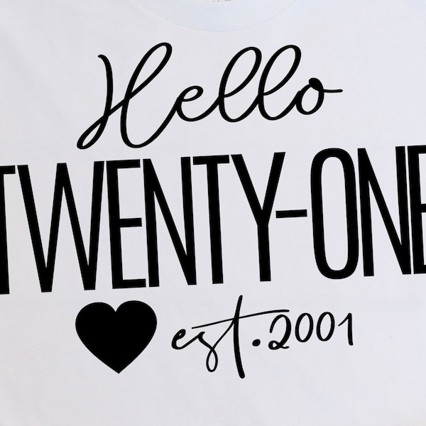 Hello Twenty-One SVG, Est 2001 Svg, Twenty-First Birthday Svg, Twenty-One Years Old Svg, Heart, 21st BDay, T Shirt Design, Party, Cut Files