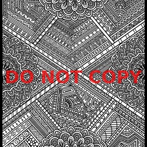 Op de afbeelding: Zwart-wit abstract geometrisch ontwerp met bloemmotieven en ingewikkelde patronen. De woorden "DO NOT COPY" zijn in het rood over het midden gedrukt. Geschikt om in te kleuren of als decoratieve print.