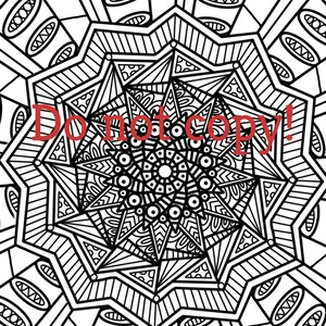 May include: A black and white mandala design with complex geometric patterns. The image shows a central star-like form encircled by detailed lines, triangles, and circles. The text "Do not copy!" is written across the image in red.