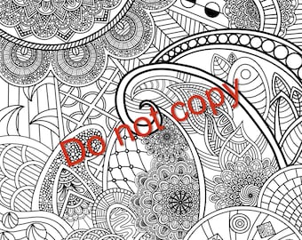 Peut inclure: Page de coloriage pour adultes en noir et blanc avec une variété de motifs détaillés, notamment floraux, cachemire et géométriques. Les mots "Do not copy" sont visibles en rouge.