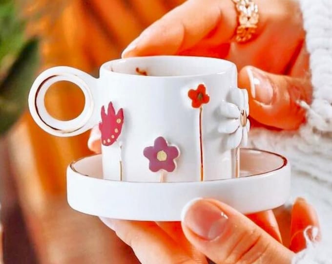 24k gold floral espresso cup 3.4 oz, handmade ceramic daisy tulip demitasse, luxury gold handle gift for mom, ready to ship