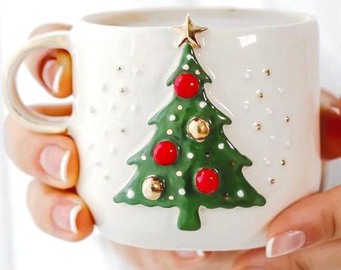 Christmas Mug Gold Pine Tree Ceramic Holiday Coffee Cup Handmade 24k Gift Mug, 30JCHT1
