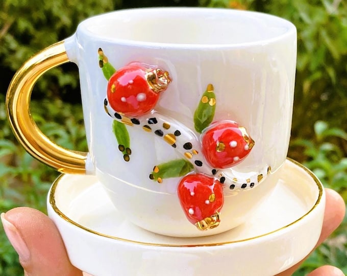 Pomegranate mug, Pomegranate cup, christmas mug, handmade mug, gold mug, coffee lover gift, cute mug, handmade mugs, cute mugs, cup, mug