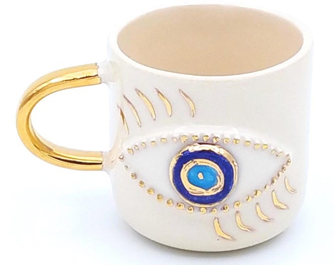 Gold Mug Gift Mug Luxury Mug, Gold Coffee Mug Evil Eye Cup, 24k Gold Handle Mug Luxury Coffee Gold Tea Nazar Good Luck Mug, turkish tea cups
