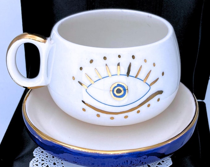 Velvet Box Handmade Evil Eye Mug, Evil Eye Cup, Mug, Evil Eye Coffee Mug, Gold Mug, Evil Eye Coffee Cup, eye mug, 24k gold mug, Elegant Mug