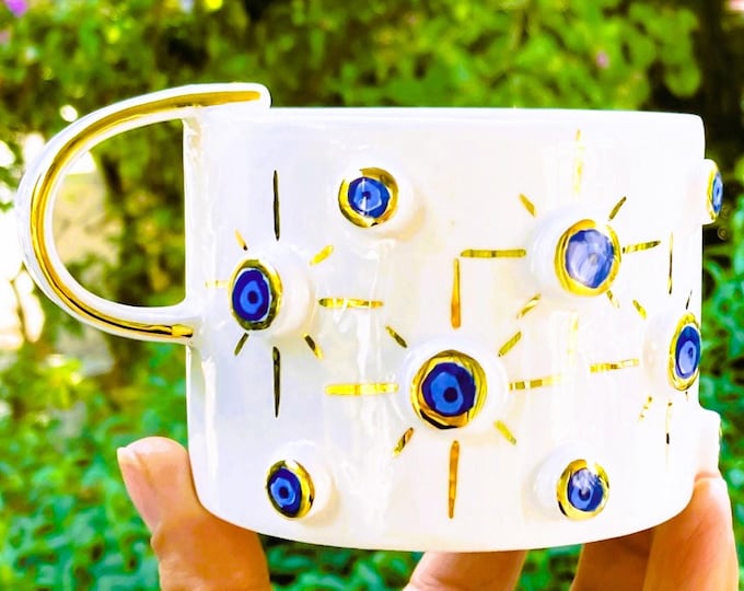 Handmade ceramic cute evil eye coffee mug gift 8 oz, evil eye cup, evil eye coffee cup, cappuccino mug,  nazar tasse, tasse, cup, mug, 30NT
