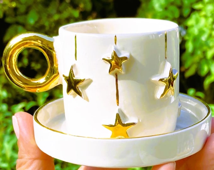 24k gold star espresso cup 3.4 oz handmade ceramic demitasse, luxury gold handle gift, celestial coffee mug, ready to ship