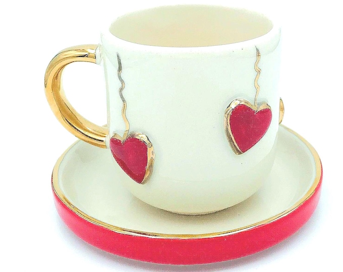 Heart Mug Handmade Ceramic with 24k Gold Heart Coffee Mug Romantic Gift