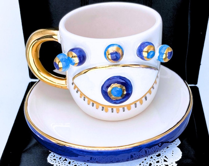 Velvet Box Handmade Evil Eye Cup, Gold Evil Eye Mug, Spiritual Coffee Mug, Unique Ceramic Protective Gift, 5 oz, Turkish coffee cups