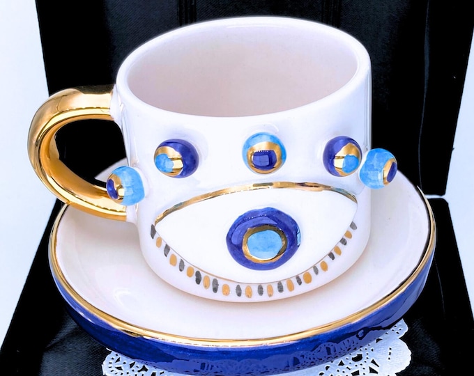 Velvet Box Evil Eye Coffee Mug Gift Gold Mug Coffee Cup Gift Spiritual Unique Mug Protective Gift Mug 7 oz Boho Luxury Mug Gold Mystical Mug