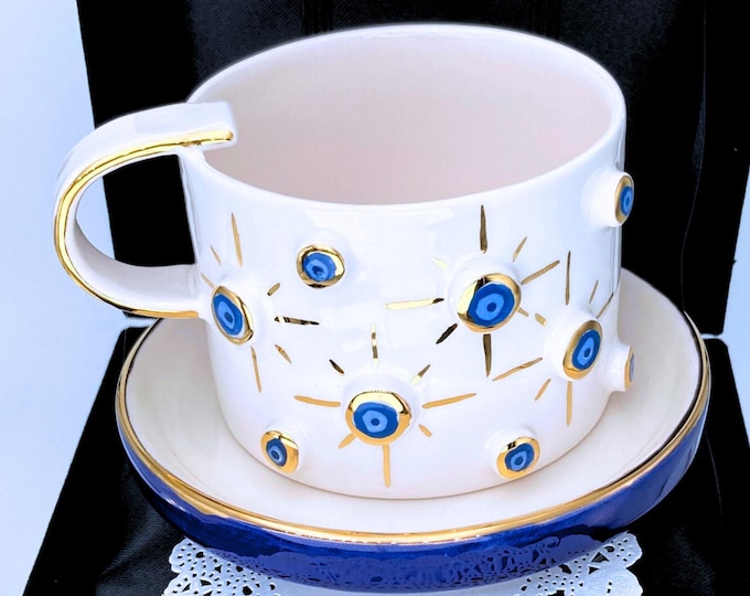 Handmade evil eye coffee mug gift 8 oz, evil eye cup, evil eye coffee cup, cappuccino mug, nazar mug, velvet box mug Turkish coffee cups