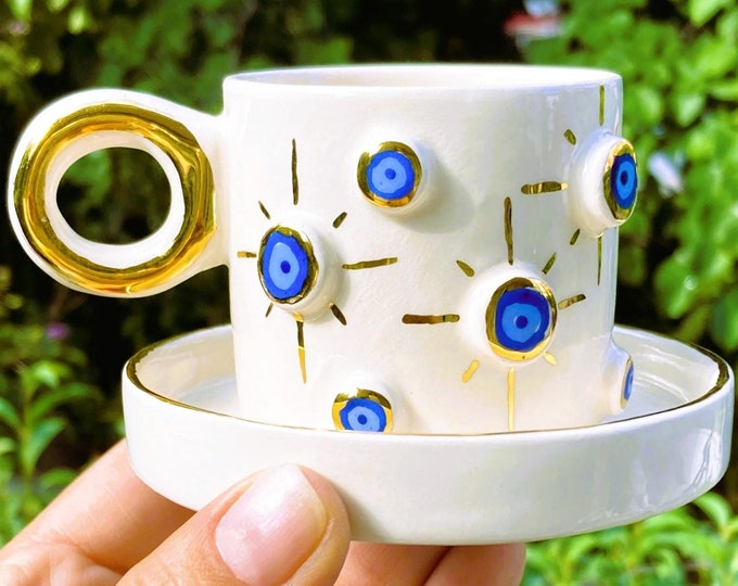Gold Mug Evil Eye Gift Mug Luxury Gold Coffee Mug 24K Gold Handle Luxury Coffee Gold Tea Housewarming Cup, 3.4 fl oz