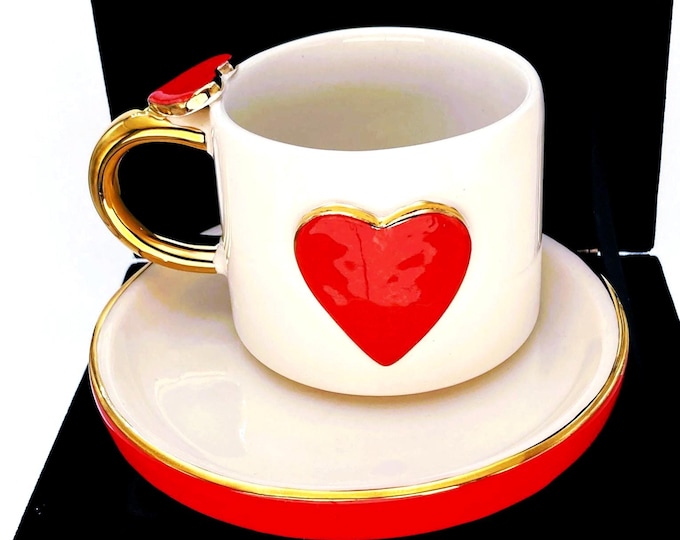 24k Gold Heart Mug: Handmade Stoneware Love Cup - Valentine's Gift, 7 oz