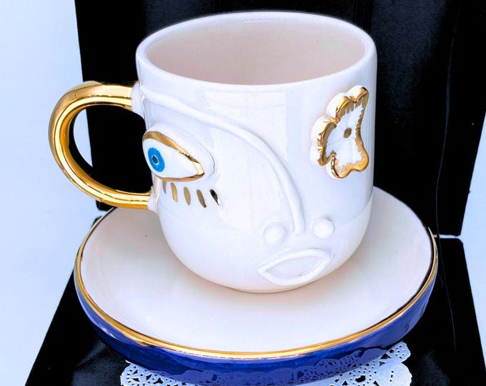 Handmade Ceramic Espresso Cup: 24K Gold Evil Eye Demitasse - Gift Boxed, 5 oz