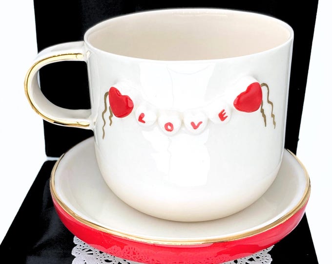 24k Gold Heart Mug: Handmade Ceramic Coffee Cup, Velvet Gift Box