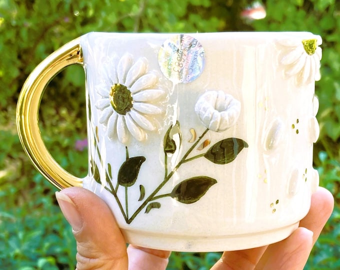 Gold mug coffee mug floral daisy flower mug gift, Luxury mug gold coffee mug 24 K gold handle, Luxury coffee gold rim gift