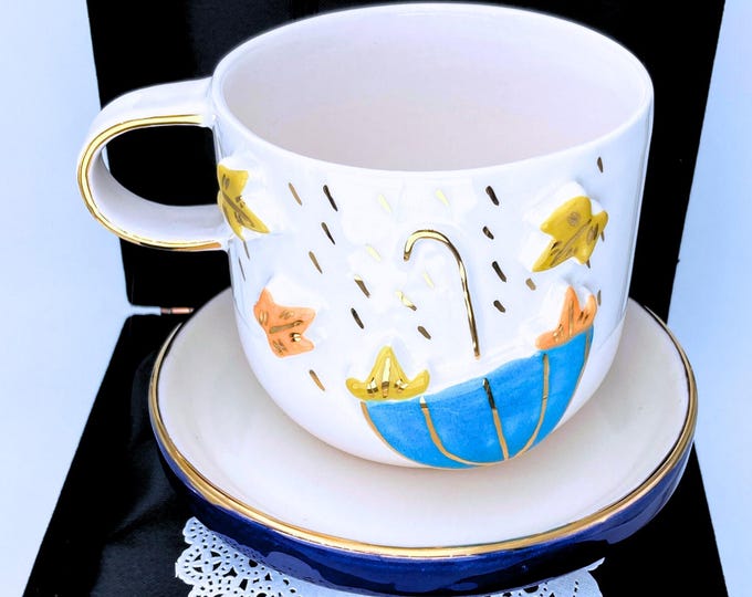 24K Gold Autumn Mug: Handmade Ceramic Flower Cup with Velvet Gift Box